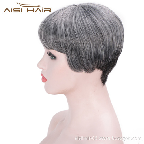 Aisi Hair Straight Bob Wigs Synthetic Hair Short Party Hair Cosplay Wig for Women Grey Mixed Black Short Bob Wigs